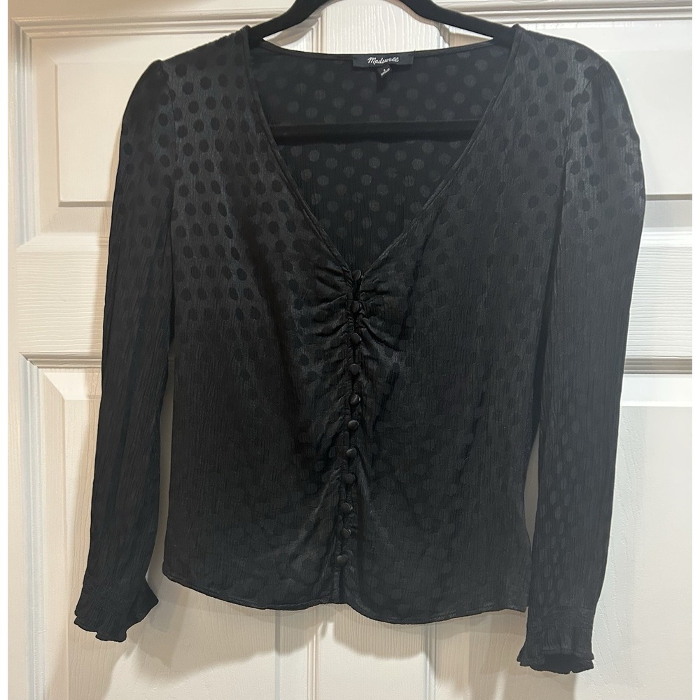 Sheer Blouse w/ Textured Dot Pattern Deep V Flowy Sleeves Madewell Black Size 2